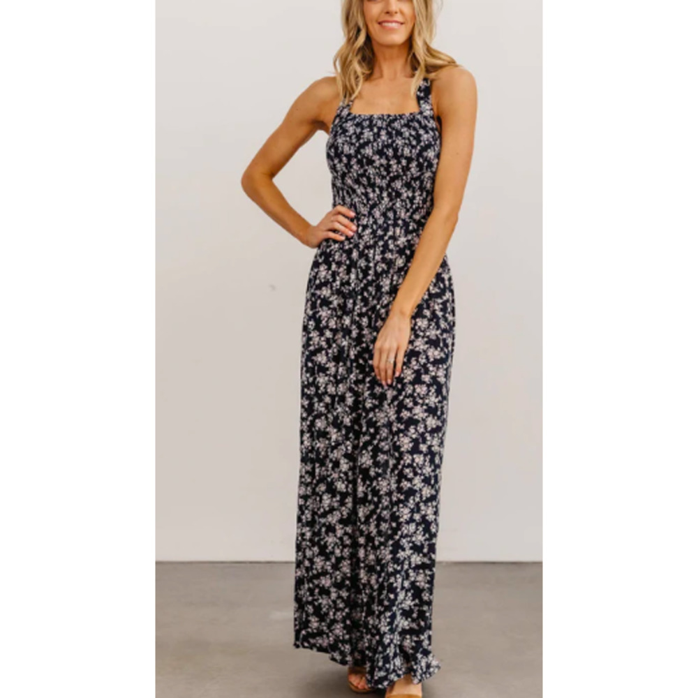 Baltic Born Lana Smocked Halter Wide Leg Jumpsuit Navy White Floral Large NWOT